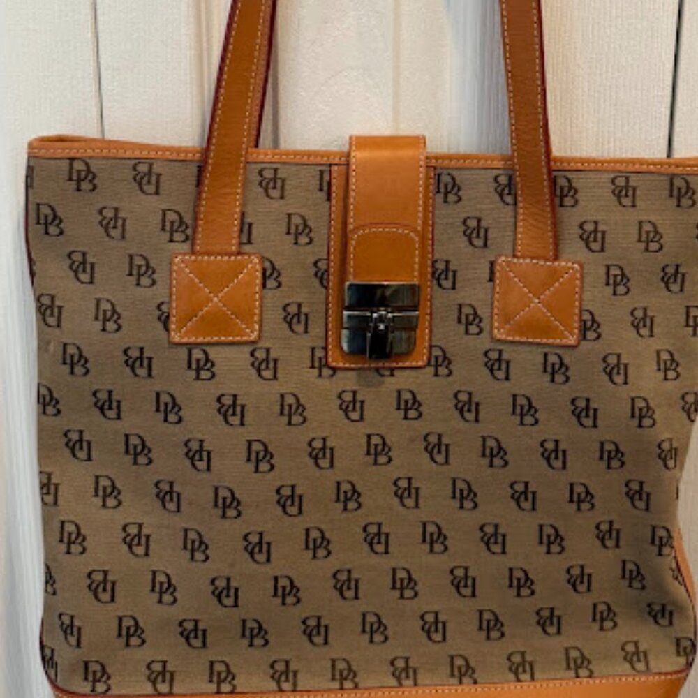 Dooney & Bourke Logo Tote | Brown Jacquard w/Beige Leather & Red Trim